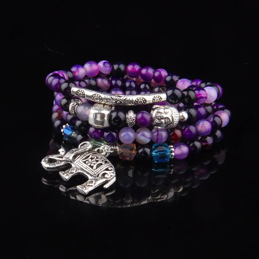 Multi-layer agate bracelet with Elephant pattern on 6mm beads in blue, green, red, or purple