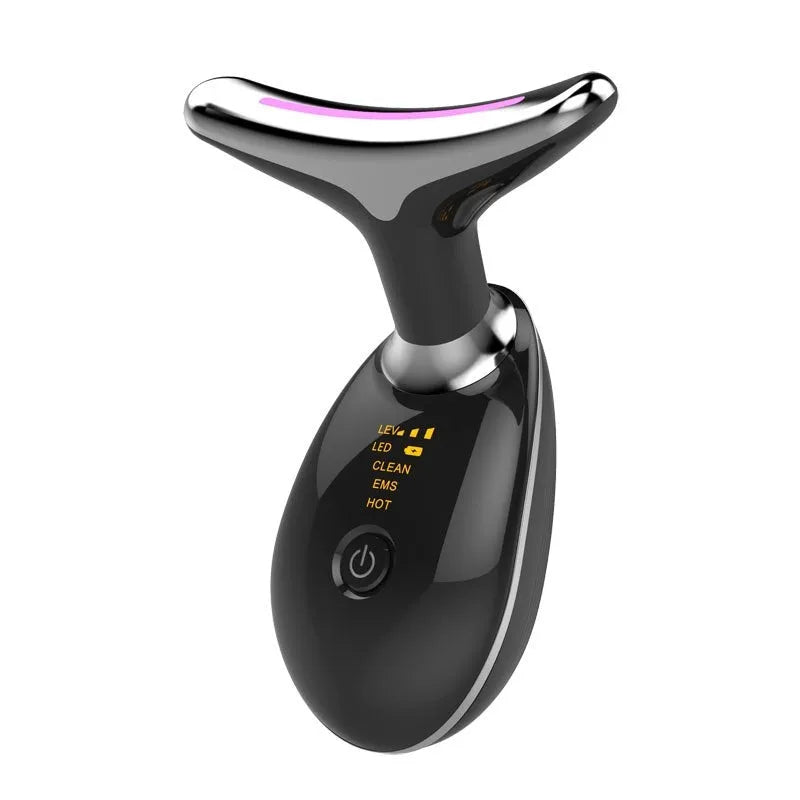 Black and silver EMS thermal neck lifting massager with LED lights for wrinkle reduction and skin tightening.