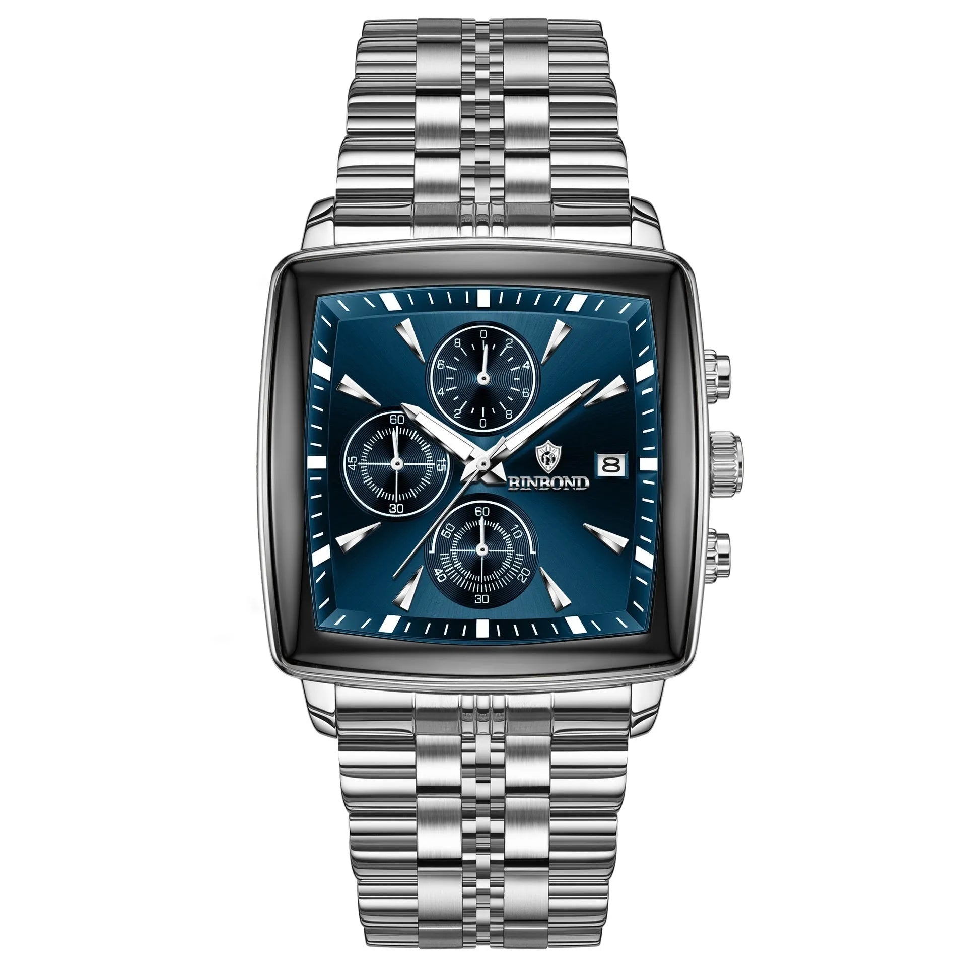 Men's rectangular quartz watch with luminous dial, stainless steel strap, and metal case in business styling