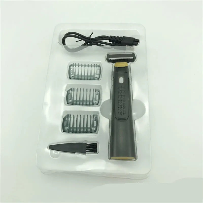 Black rechargeable men's precision shaver with LED light on and stainless steel blades.