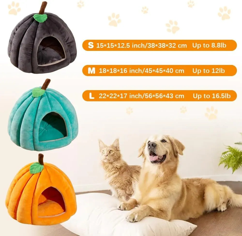Pumpkin-shaped semi-enclosed cat bed in blue, grey, or yellow with a removable interior mat.
