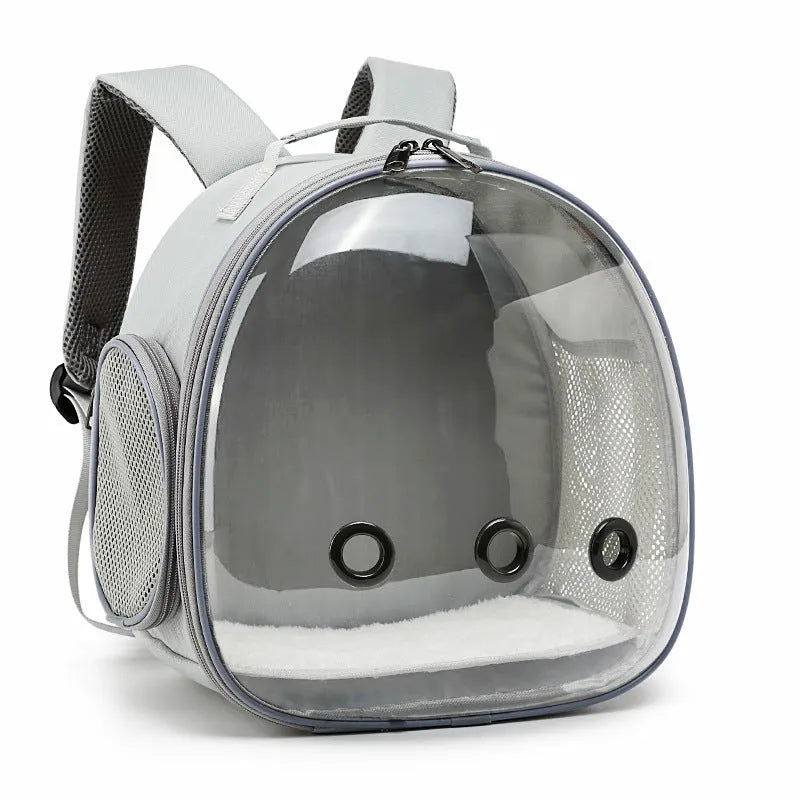 Pet backpack hamster carrier with clear bubble window in black showing side mesh vent