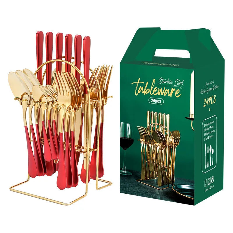 24-piece stainless steel cutlery set with storage rack in a gold finish