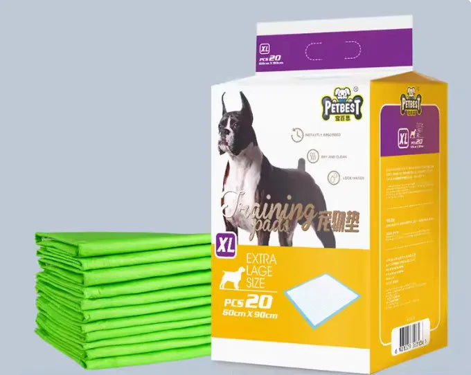 Pack of thickened, absorbent dog urine pads showing lemon scent, blue classic, and bamboo charcoal variants in different sizes.