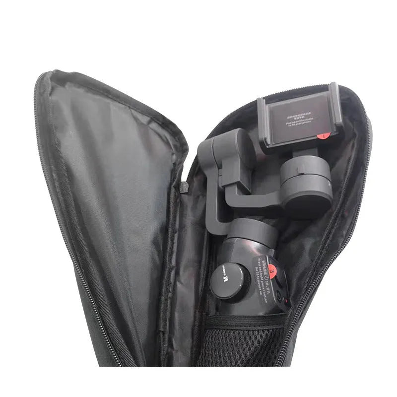 Black cloth storage bag for a mobile phone stabiliser and accessories