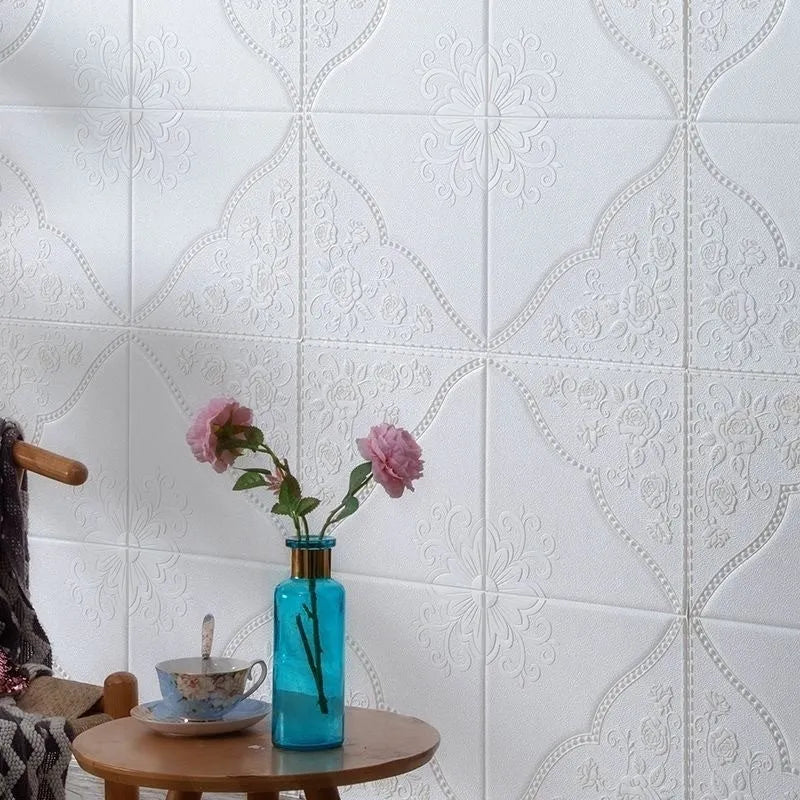 Square light blue plants and flowers pattern foam wall sticker with three-dimensional design, 70cm wide.
