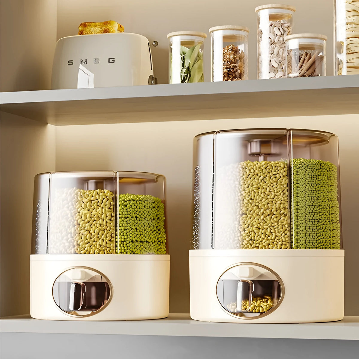 Rotatable cereals storage bucket in cream white with airtight lid, plastic construction, medium size