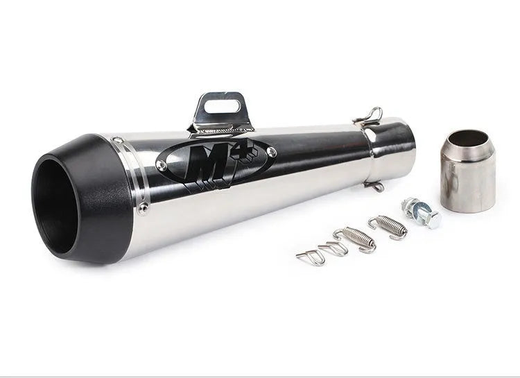 Universal M4 motorcycle exhaust pipe in multiple finishes including black steel and titanium colour