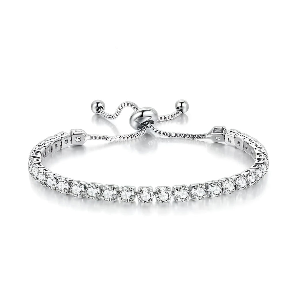 Simple stainless steel bracelet with square zircon crystal in silver finish on wrist
