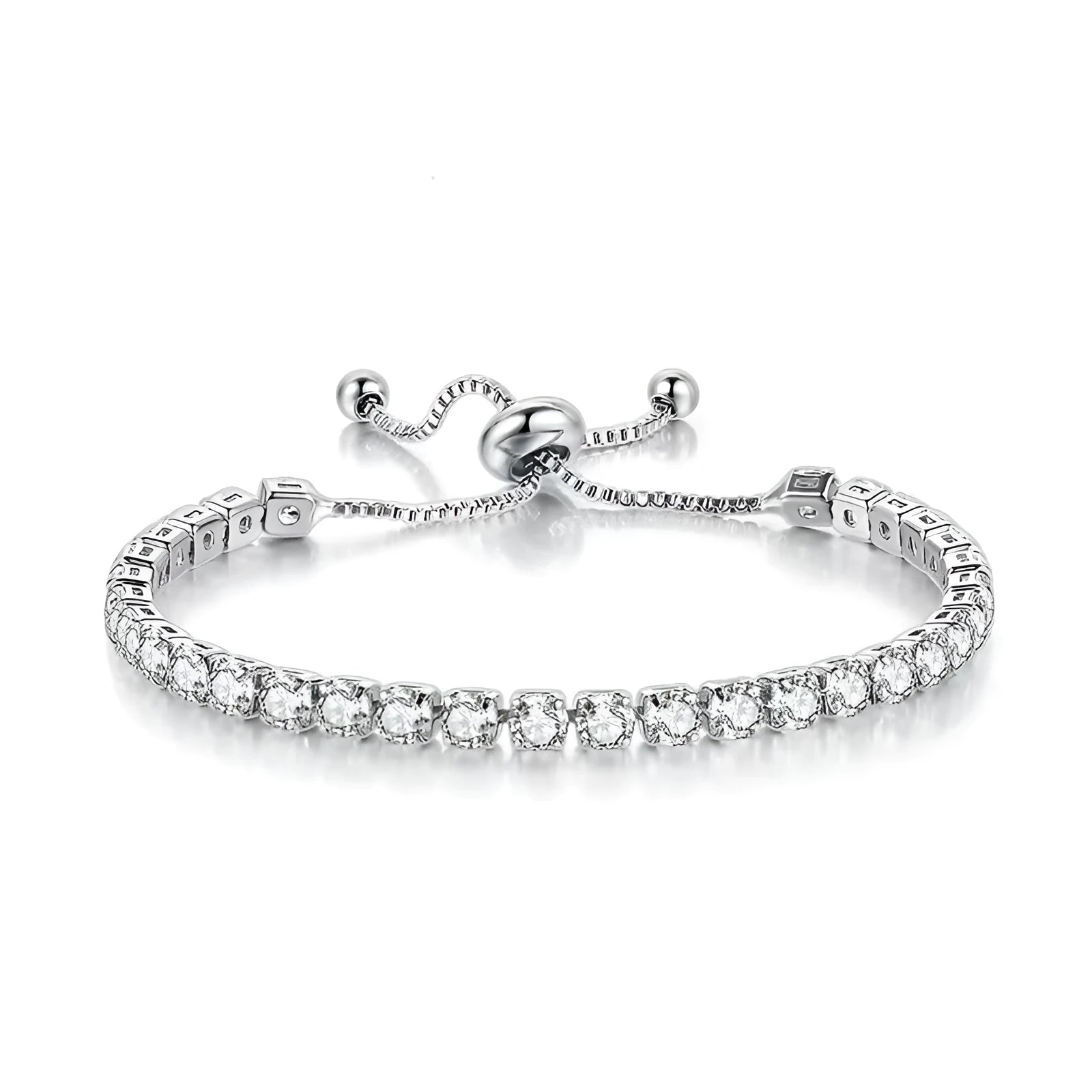 Simple stainless steel bracelet with square zircon crystal in silver finish on wrist