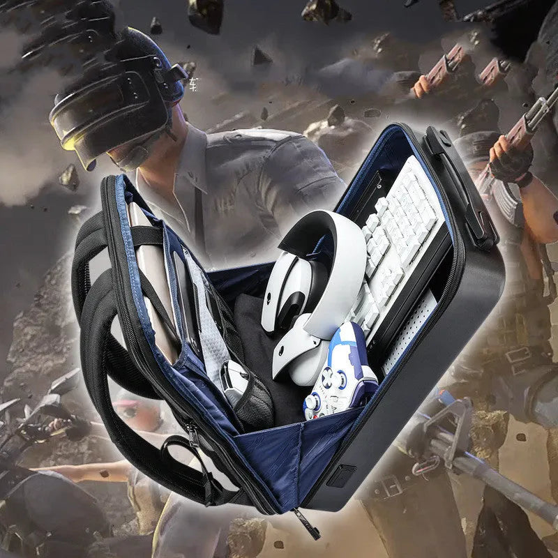 Large gaming backpack with hard PC shell, built-in lock, and double shoulder straps in Titanium Gold and Silver