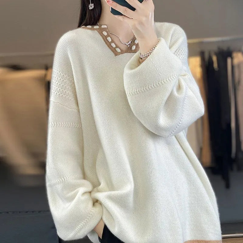 Women's white V-neck pullover sweater with long sleeves viscose fibre construction