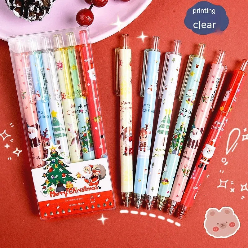 Christmas cartoon-themed plastic signature pen set with six black ink cartridge refills