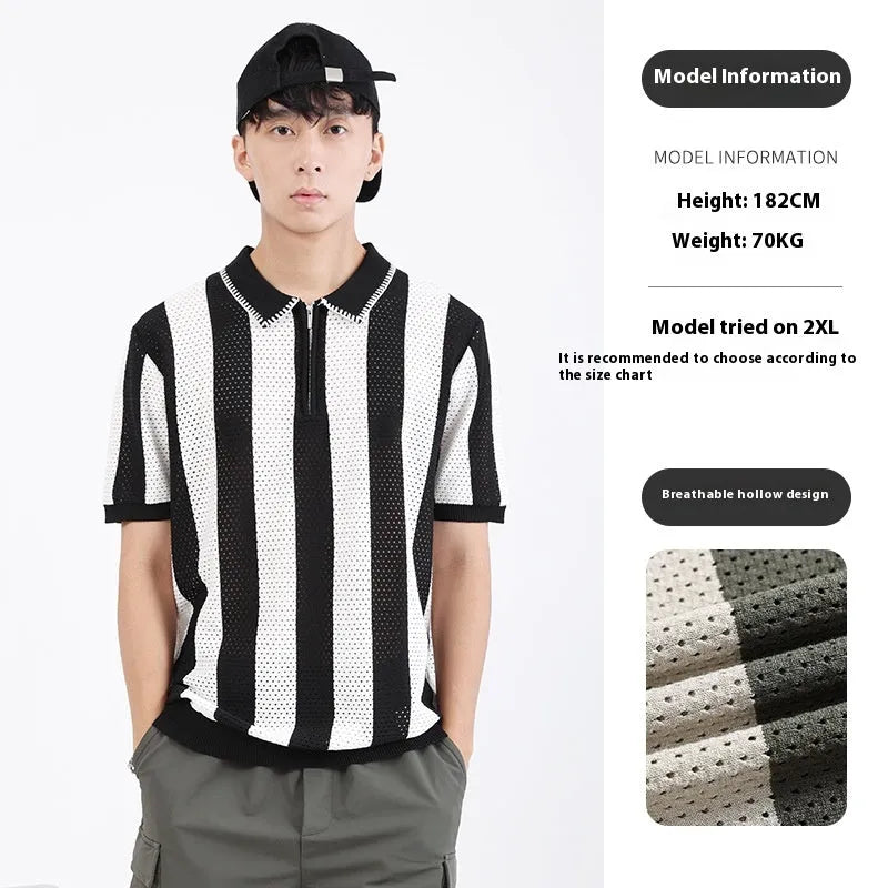Men's short sleeve summer sweater in viscose with stripe pattern and zipper details