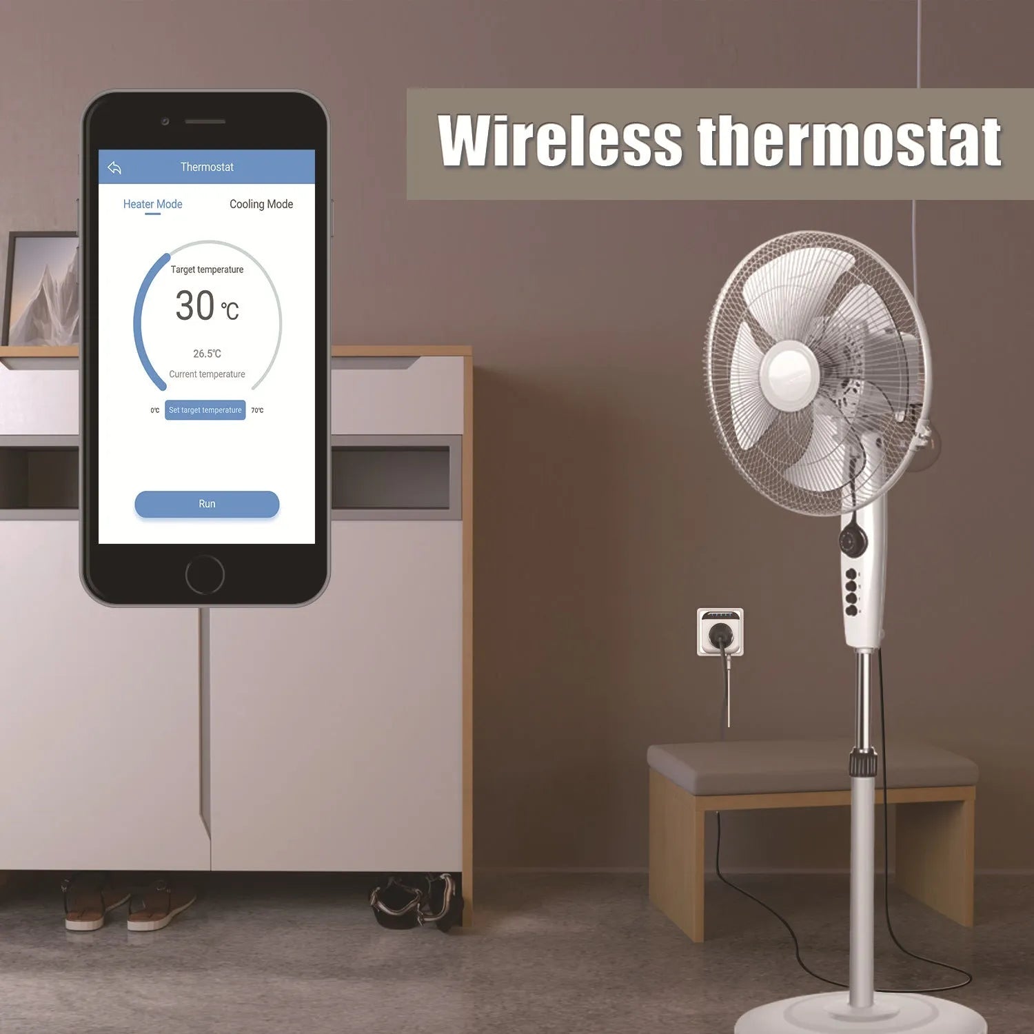 White Tuya WiFi smart temperature control socket with US plug and external temperature sensor probe.