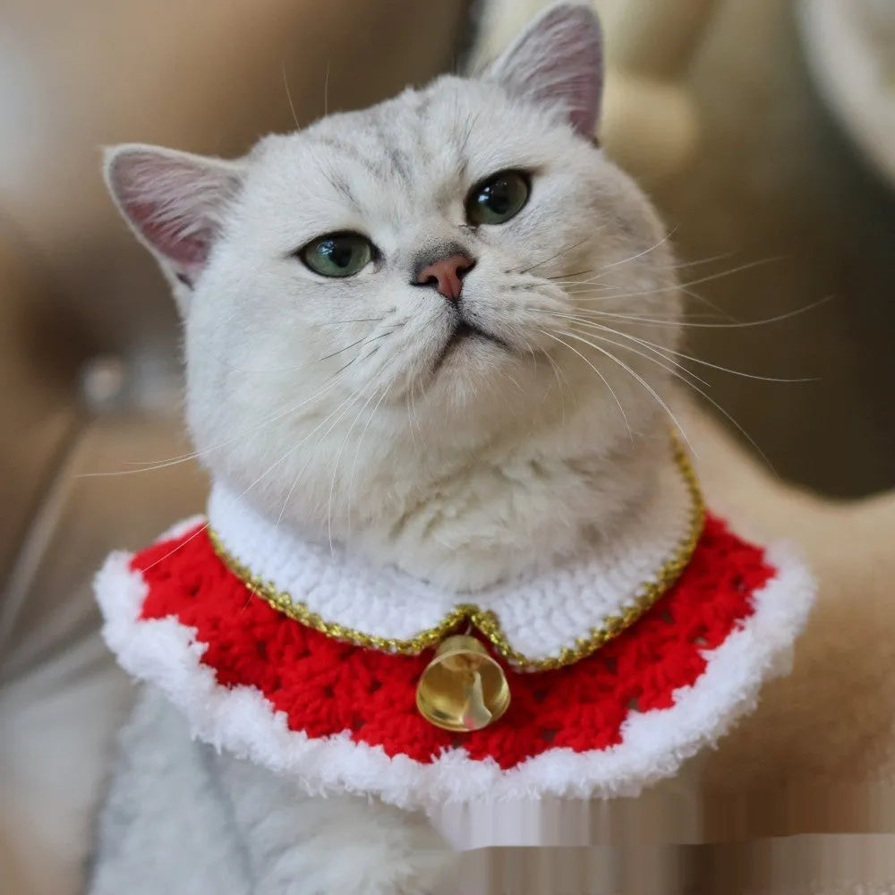 Knitted wool Christmas scarf for pets featuring festive patterns like striped Santa and elk, shown attached to a dog collar.
