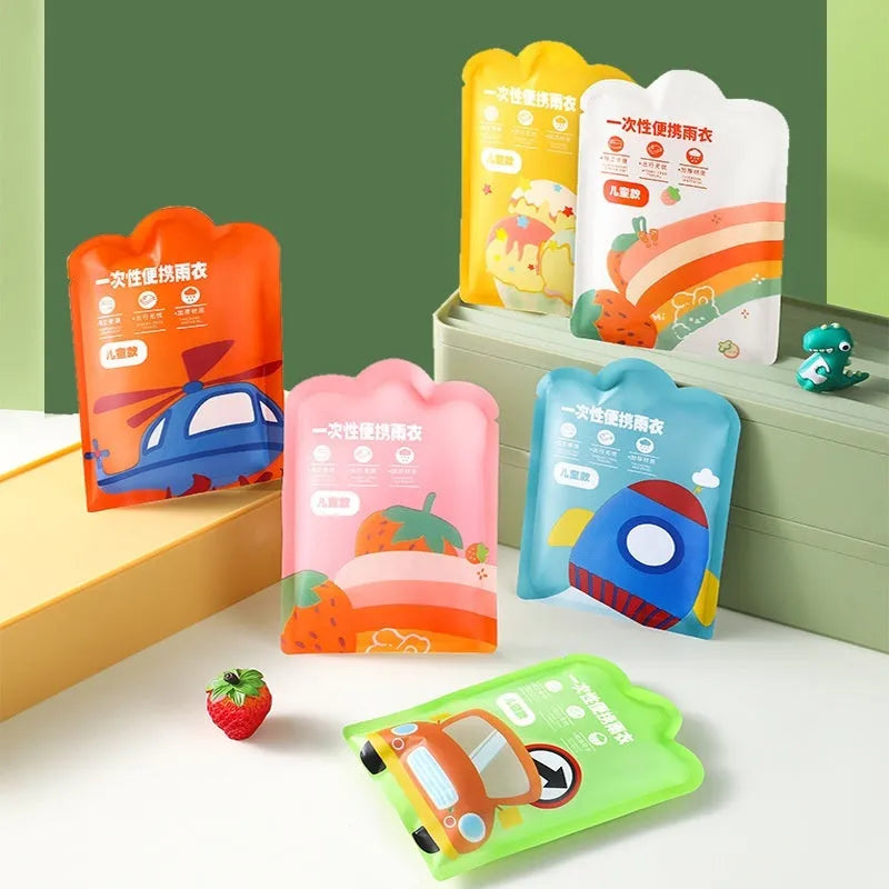 Disposable children's rain poncho in blue, yellow, orange, pink, green, and white colours with 13x9cm packaging
