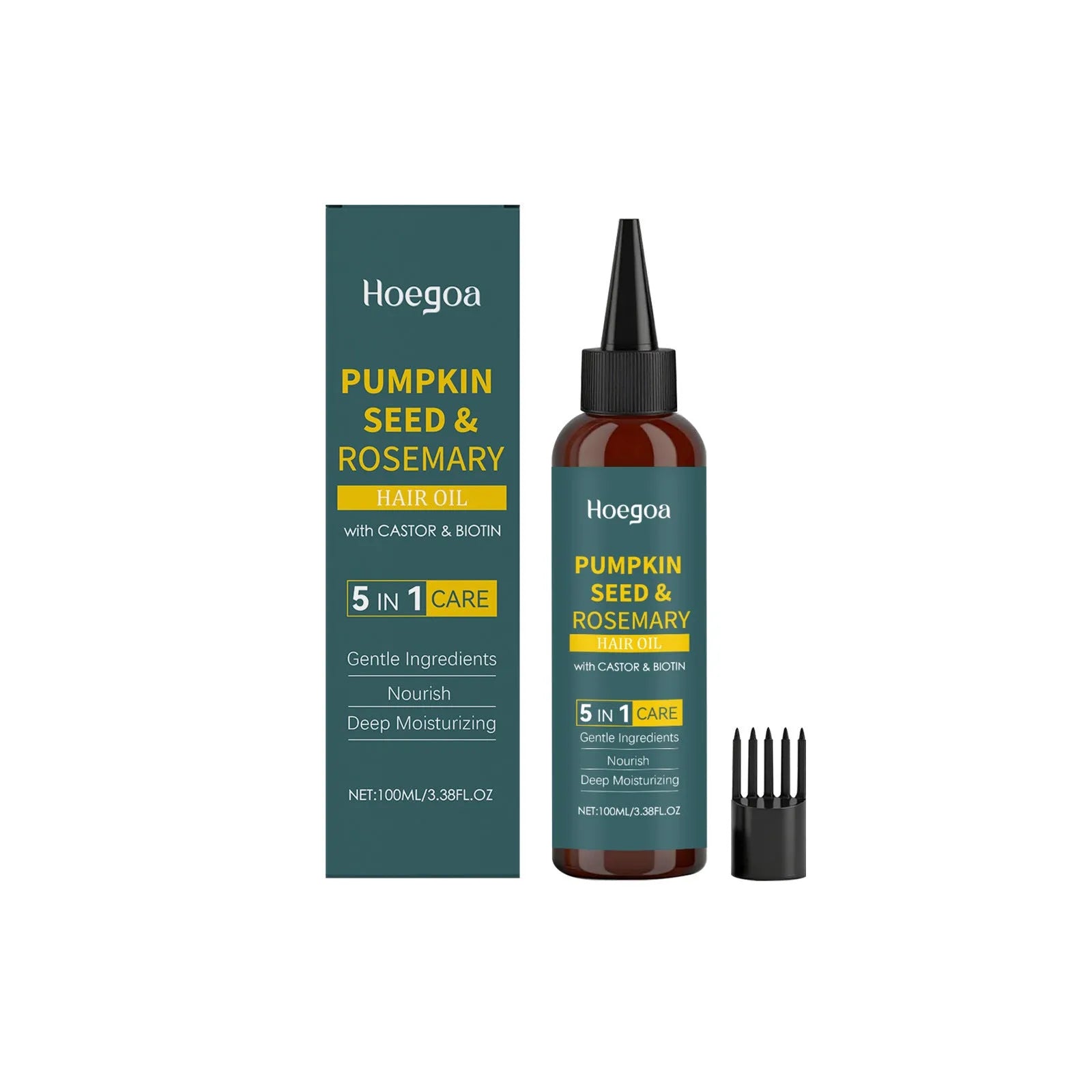 Rosemary essential oil hair care kit showing 100ml bottle, pointed nozzle, and wide-tooth comb.