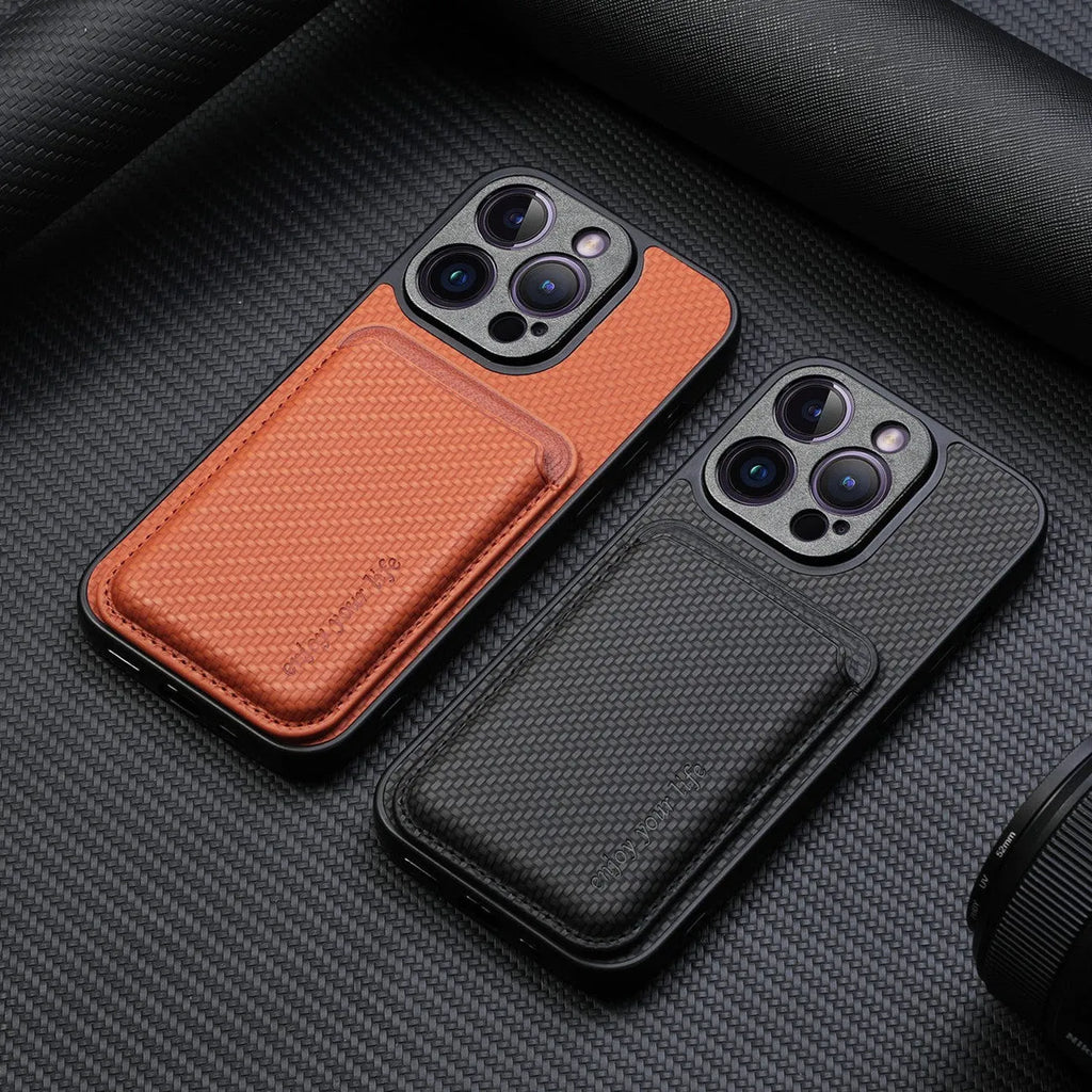 Imitation leather phone case sticker with magnetic card holder in black, compatible with iPhone and Samsung