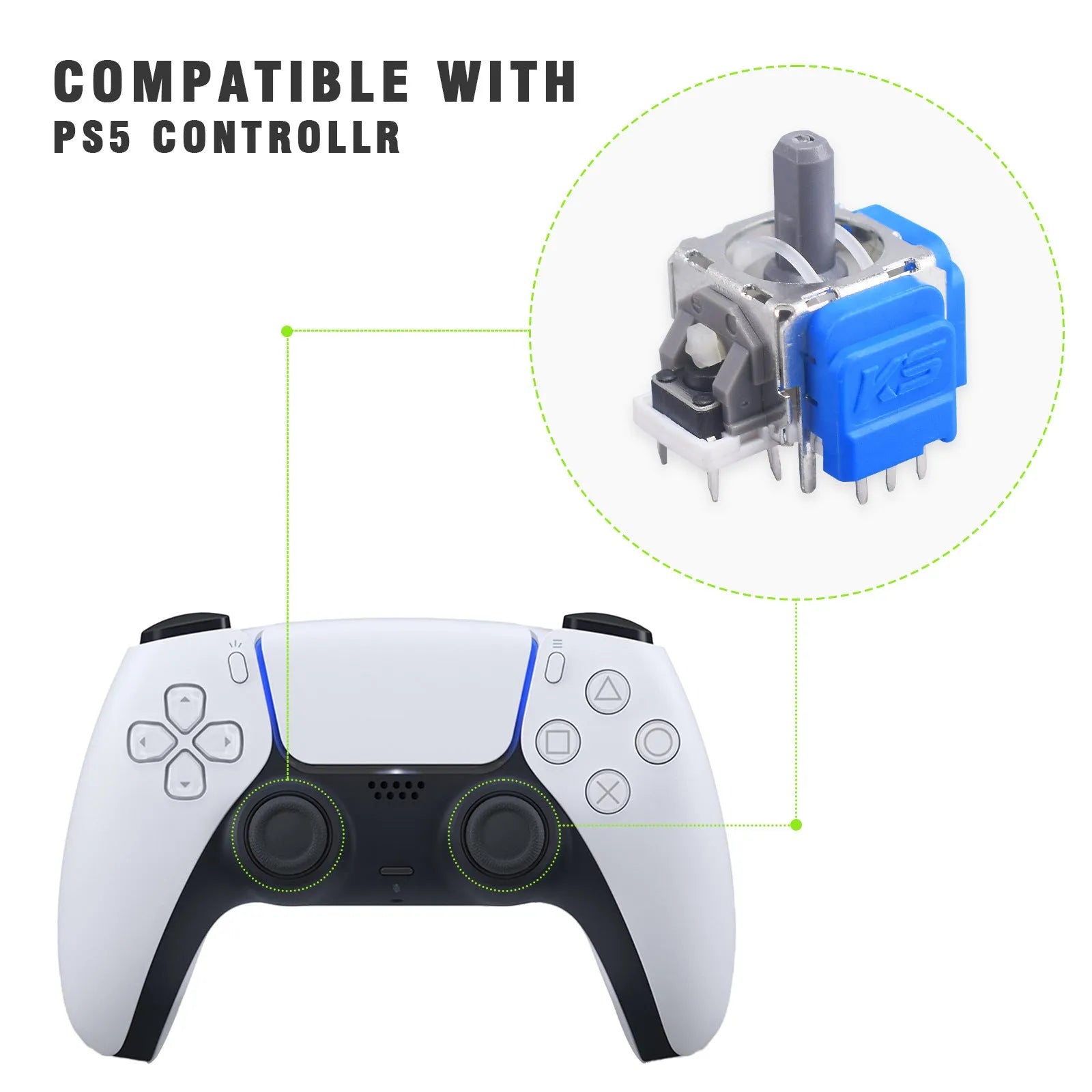 Close-up of a black Hall effect electromagnetic rocker joystick replacement component for PS5, PS4, Xbox and Switch controllers.