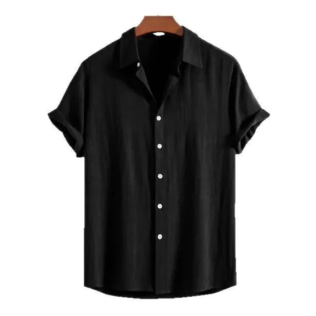 Men's loose fit short sleeve cardigan in solid colour on a hanger.