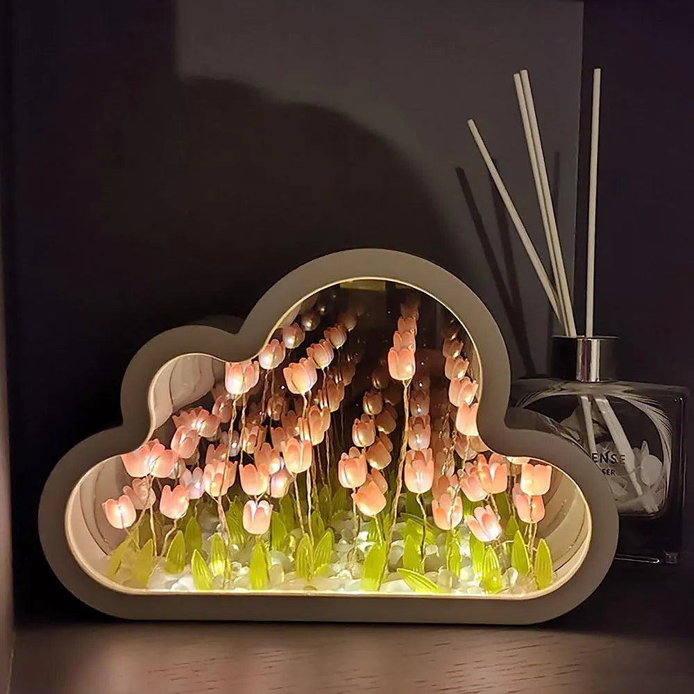 DIY cloud tulip decorative night lamp with LED lights and mirror surface for bedroom or desk