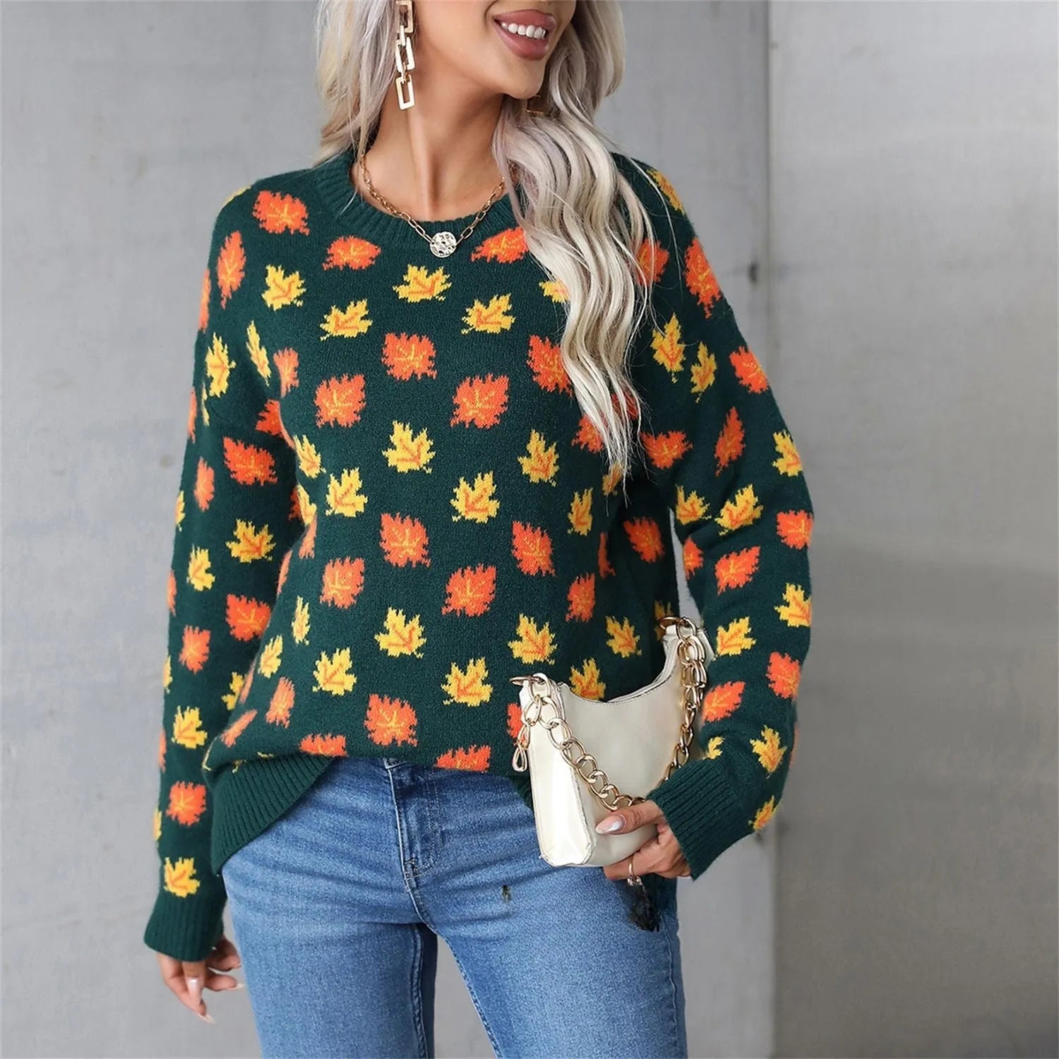 Maple leaf Christmas round neck sweater in beige and dark green loose street fashion style
