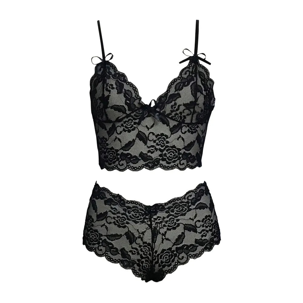 Women's see-through lace sling wrap bra and matching g-string panty set in black colour