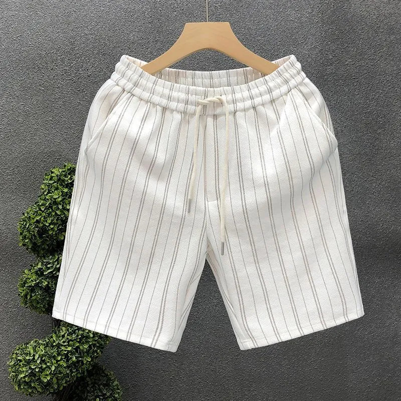 Men's black and white striped fleece-lined casual shorts with elastic waistband