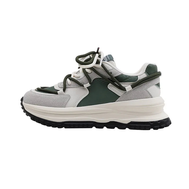 Men's and women's retro platform sneakers in banana green with suede upper, cross strap, and lace-up closure