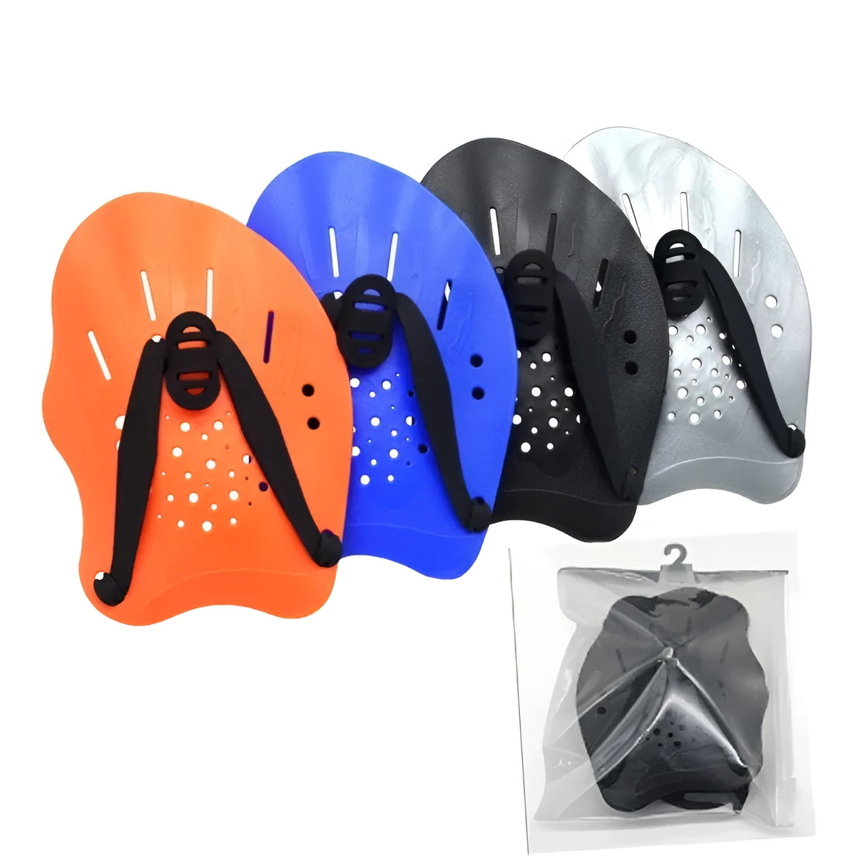 Webbed swimming hand paddle for freestyle stroke training in eight colour options including black blue orange pink green dark blue silver gray
