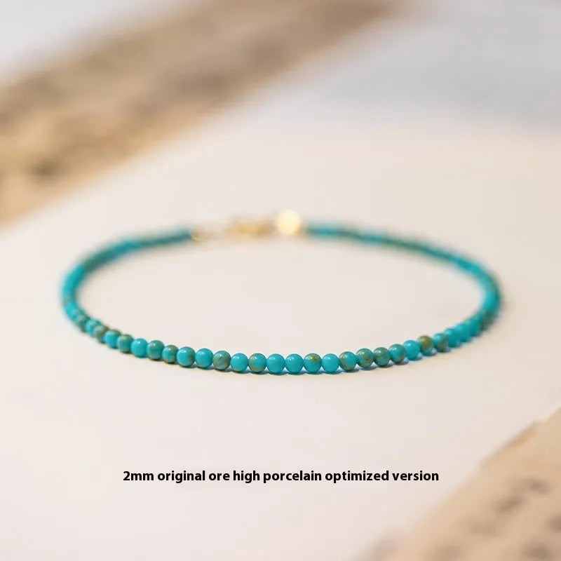Close-up of a geometric bracelet made from small 2mm turquoise beads, shown in both raw and polished finishes, with a sizing chart for 14cm, 15cm, and 16cm wrists.