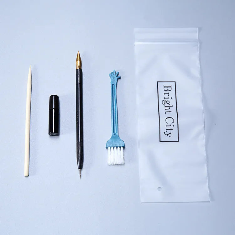 Scratch painting tools kit showing healing pen models, scrapers, brushes, and photo frames for creative art projects