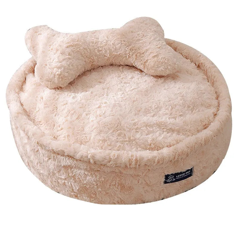 Round nest pet bed with removable cloth cover in milk tea colour, shown in various sizes.