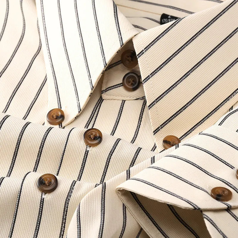 Coffee coloured striped men's long-sleeved shirt with slim fit on a hanger.