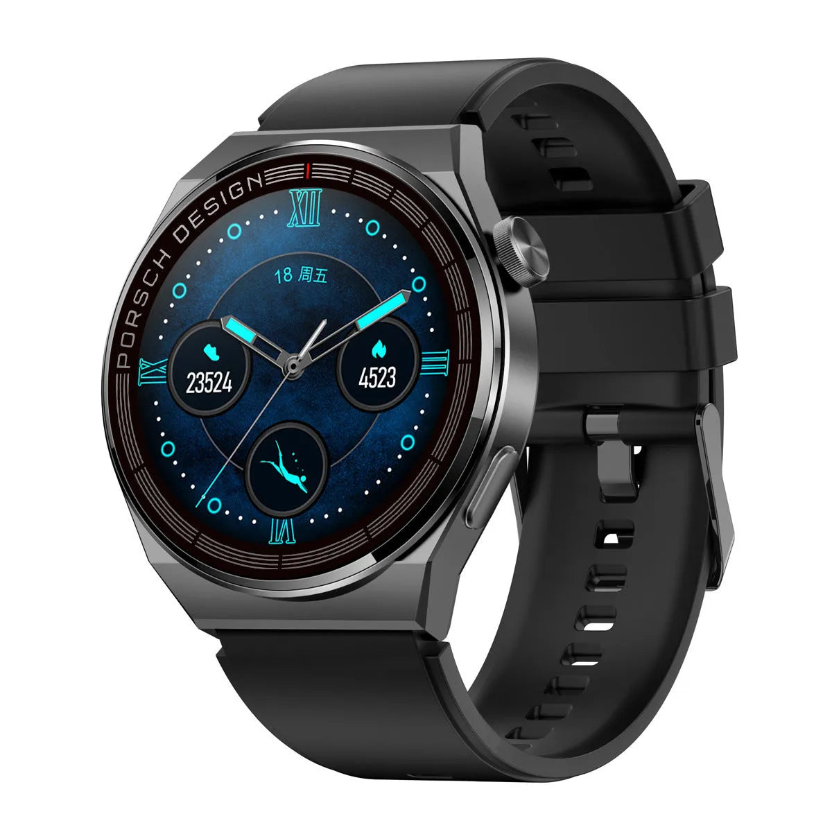 Smartwatch with black or silver case and choice of silicone, leather, or stainless steel strap on wrist