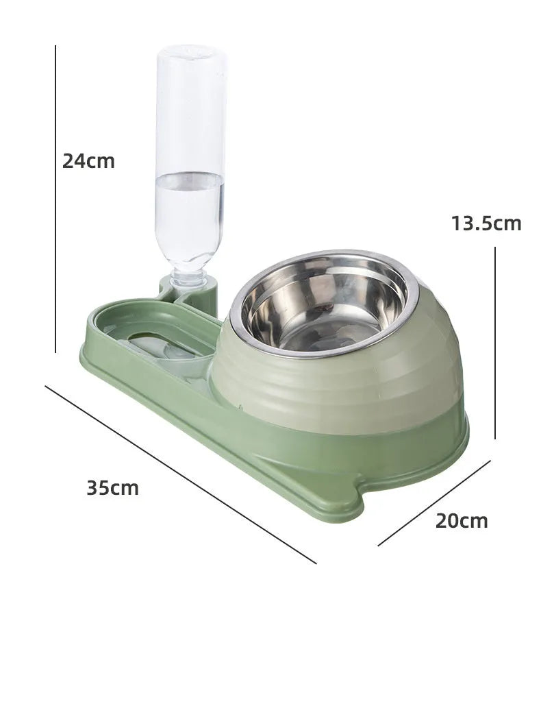 Brown cat food bowl set with elevated bowl and water dispenser bottle on floor