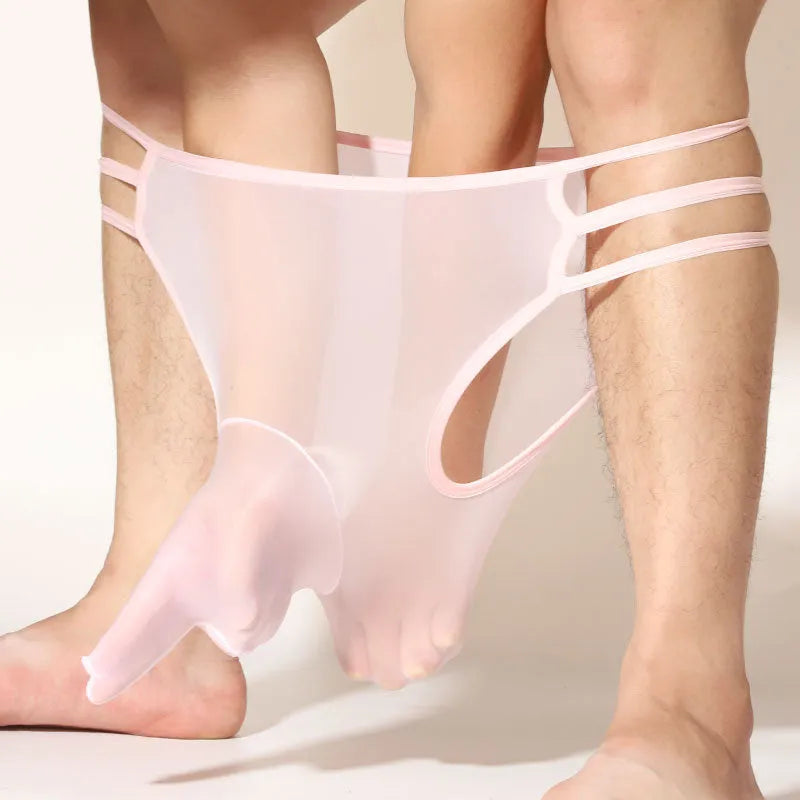 Men's transparent nylon elephant nose shorts in a free size fit on a mid-waist