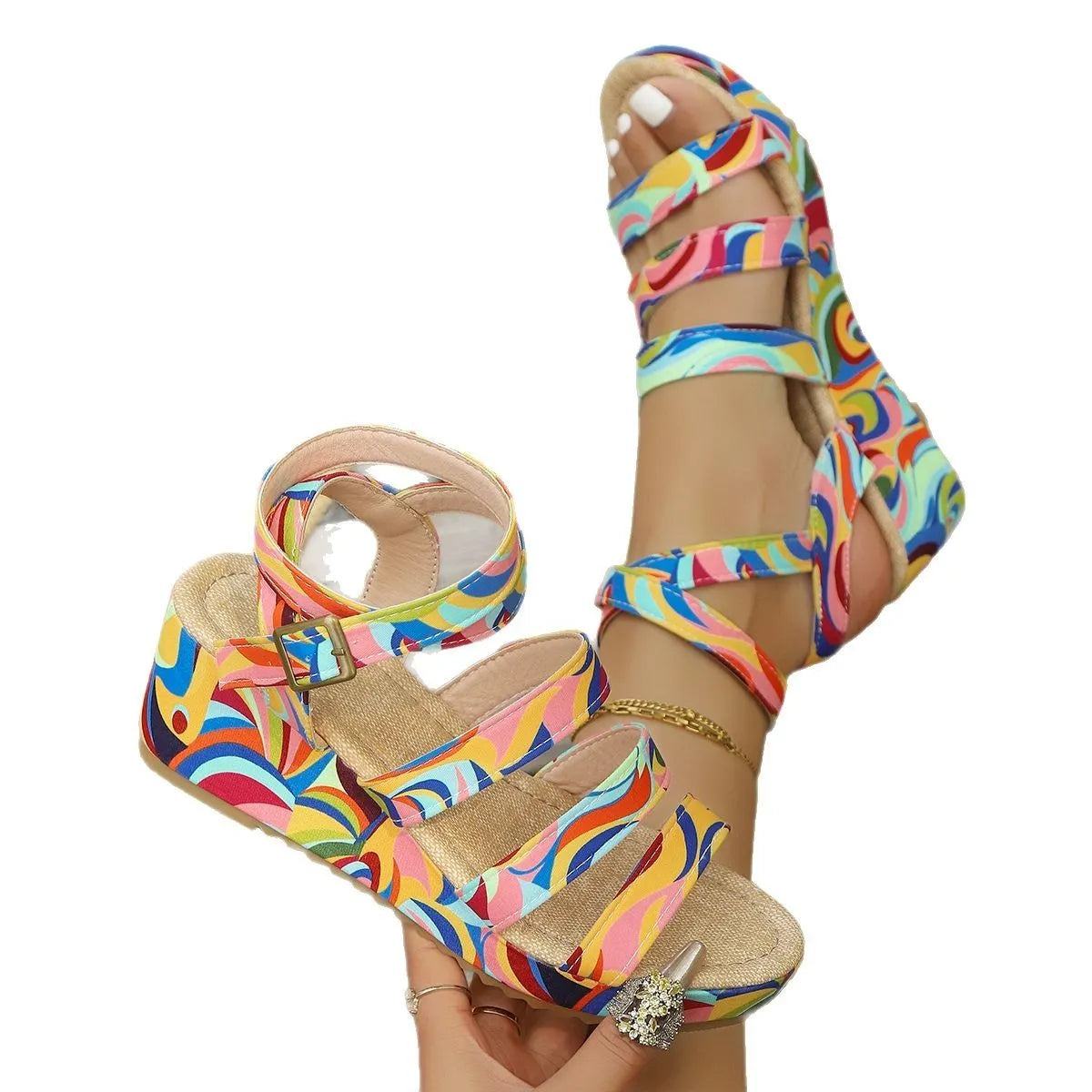 Women's buckle wedge sandals in lightweight PU material with a rubber sole and adjustable strap.