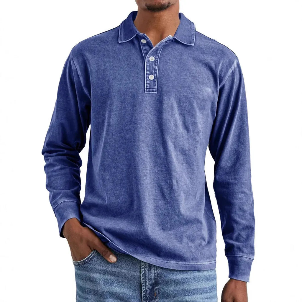 Men's long-sleeve distressed cotton polo shirt with a lapel collar in army green.