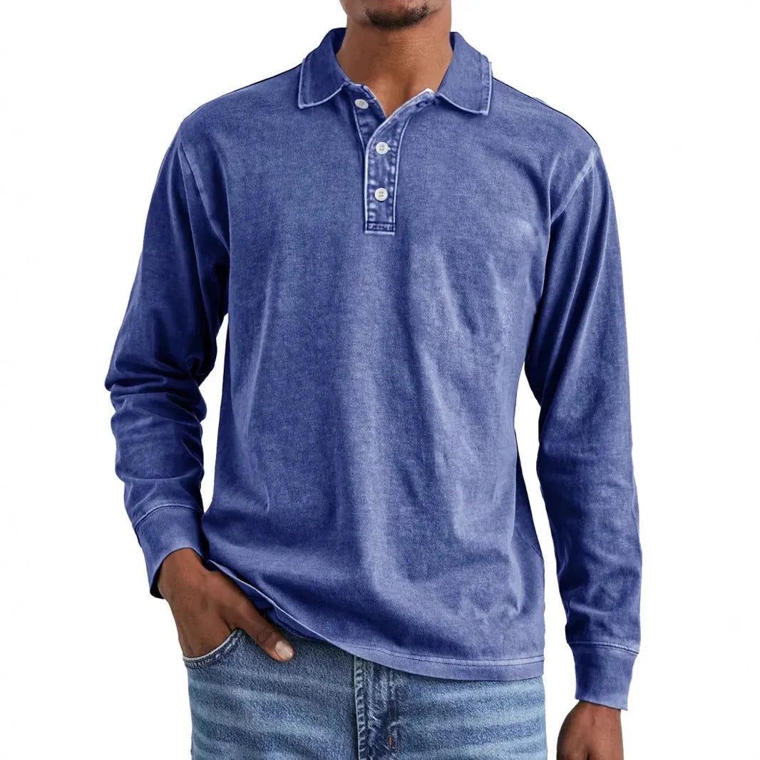 Men's long-sleeve distressed cotton polo shirt with a lapel collar in army green.