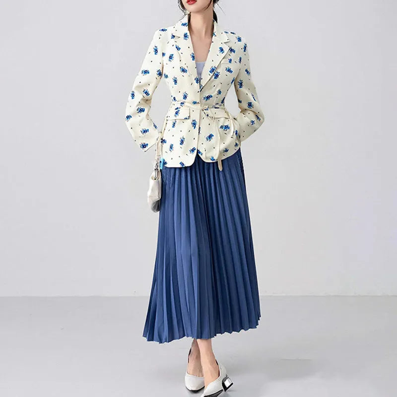 Women's collar lace-up waist-tight suit jacket in polyester available in four colours including floral print