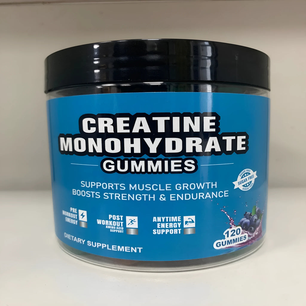 Bottle of raspberry flavoured creatine monohydrate gummy supplements containing 120 soft candy pills