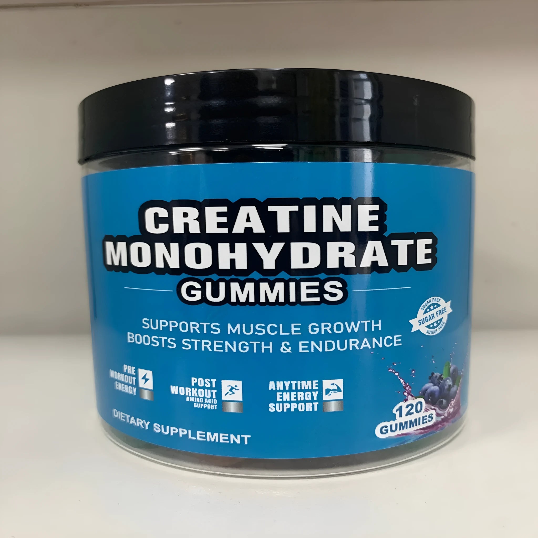 Bottle of raspberry flavoured creatine monohydrate gummy supplements containing 120 soft candy pills