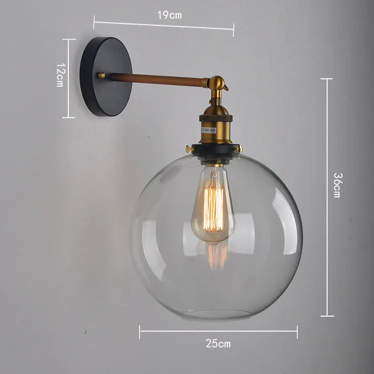 20cm round ball glass wall lamp with aluminium E27 lamp holder in amber, smoky gray or transparent