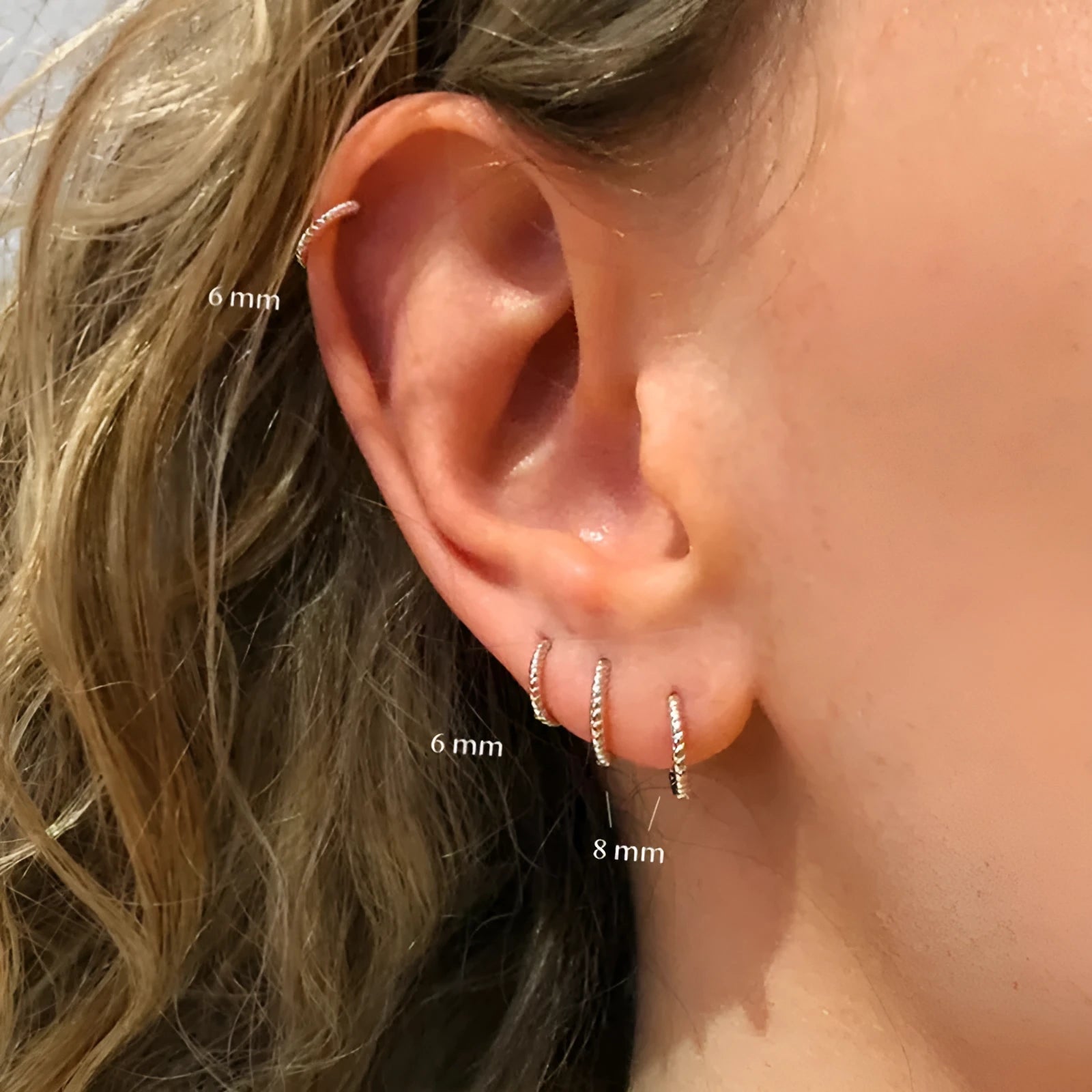 Twisted sterling silver round earrings in gold or white gold, available in 6mm, 7mm, 8mm, 13mm sizes