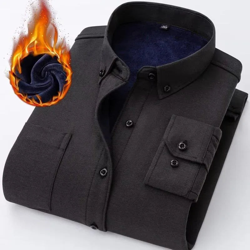 Oxford flannel long-sleeve casual brushed fleece-lined thick warm shirt for men in navy blue