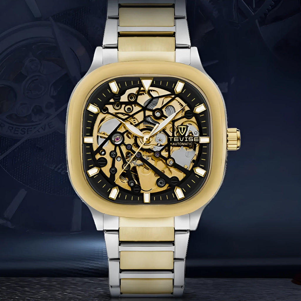 Men's square automatic waterproof watch with luminous dial on a stainless steel strap.