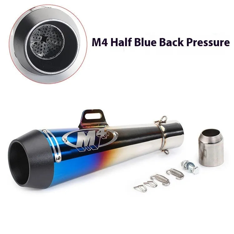 Universal M4 motorcycle exhaust pipe in multiple finishes including black steel and titanium colour