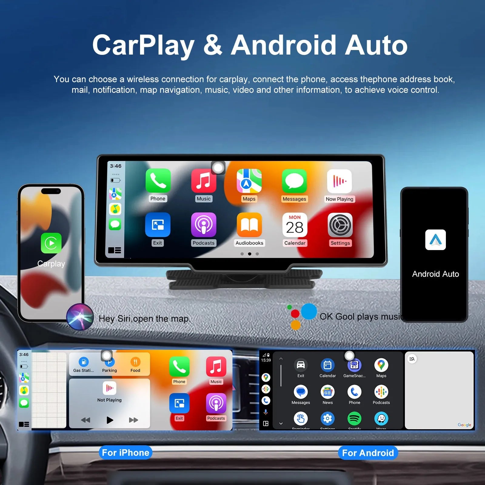 10.26-inch vehicle DVR system with rear view camera and smartphone connectivity